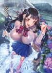 1girl bag between_breasts black_hair blue_flower blue_skirt boots bow bowtie breast_pocket breasts cat collared_shirt comic_hotmilk commentary_request dress_shirt fingernails flower hair_ribbon highres holding holding_umbrella huge_breasts hydrangea kitiroku long_hair long_sleeves looking_down looking_to_the_side low_twintails miniskirt open_mouth original outdoors parted_hair pink_boots pink_flower plaid_bow plaid_bowtie plaid_clothes pleated_skirt pocket puddle rain red_bow red_bowtie red_ribbon reflection reflective_liquid ribbon rice_paddy ripples rubber_boots see-through_clothes see-through_shirt shiny_clothes shirt shoulder_bag skirt solo strap_between_breasts surprised tareme taut_clothes taut_shirt transparent transparent_umbrella twintails umbrella wet wet_clothes wet_face wet_hair wet_shirt white_shirt yellow_eyes 