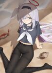  1girl absurdres beach black_choker black_eyes black_hairband black_pantyhose black_sailor_collar black_serafuku blue_archive braid choker colored_inner_hair commentary_request crab hair_over_one_eye hairband halo highres looking_at_viewer multicolored_hair navel_peek neckerchief no_pants no_shoes pantyhose pink_halo plana_(blue_archive) red_halo red_pupils ribbon sailor_collar school_uniform serafuku single_braid sitting solo tap_(vjnm2724) thighband_pantyhose wariza wet wet_clothes wet_pantyhose white_neckerchief white_ribbon 
