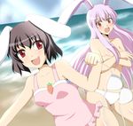  animal_ears assisted_exposure beach bikini bikini_top_removed black_hair breast_hold breasts bunny_ears carrot casual_one-piece_swimsuit clothes_theft covering day inaba_tewi long_hair multiple_girls ocean one-piece_swimsuit open_mouth purple_hair red_eyes reisen_udongein_inaba short_hair shuruken_(yuumo) swimsuit swimsuit_theft theft topless touhou very_long_hair white_bikini 