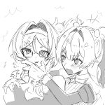  2girls absurdres anger_vein bare_shoulders blush claret_flint commentary_request detached_sleeves glasses greyscale hair_intakes hair_ornament hair_ribbon hairband hairclip highres long_hair looking_at_another monochrome multiple_girls n1kk_1038 open_mouth pointy_ears ribbon roxy_ifrita_pryce simple_background sketch sphere_hair_ornament white_background zenless_zone_zero 