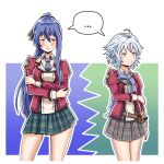  ... 2girls absurdres aizin23 antenna_hair back_bow belt_pouch blue_bow blue_bowtie blue_hair blue_necktie bob_cut bow bowtie breasts buttons collared_shirt commentary cropped_legs crossed_arms double-breasted eiyuu_densetsu embarrassed english_commentary fie_claussell green_skirt grey_skirt hand_on_own_arm high_ponytail highres jacket juliet_sleeves laura_s._arseid light_blush long_hair long_single_sidelock long_sleeves medium_breasts miniskirt multiple_girls necktie plaid_clothes plaid_skirt pleated_skirt ponytail pouch puffy_sleeves red_jacket school_uniform sen_no_kiseki_(series) sen_no_kiseki_i shared_speech_bubble shirt short_hair simple_background skirt small_breasts speech_bubble spoken_ellipsis thors_military_academy_class_vii_uniform three-toned_background upper_body very_long_hair white_hair white_shirt 