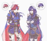 1girl 3boys :d absurdres belt belt_buckle black_belt blue_cape blue_eyes blue_gloves blue_hair blue_headband blush brand_of_the_exalt brown_belt buckle cape chrom_(fire_emblem) eliwood_(fire_emblem) er1ji6ou2004 father_and_child father_and_daughter father_and_son feet_out_of_frame fingerless_gloves fire_emblem fire_emblem:_the_binding_blade fire_emblem:_the_blazing_blade fire_emblem_awakening gloves hair_between_eyes headband highres long_hair long_sleeves looking_at_another lucina_(fire_emblem) multiple_boys o-ring o-ring_belt open_mouth parent_and_child red_cape red_hair roy_(fire_emblem) short_hair short_sleeves simple_background smile speech_bubble spoken_character standing symbol_in_eye tiara two-tone_cape white_background 