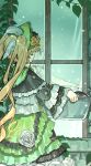  1girl black_capelet black_flower black_rose blonde_hair bonnet capelet commentary_request different_reflection dress flower flower-trimmed_dress flower-trimmed_skirt frilled_capelet frilled_dress frilled_skirt frilled_sleeves frills green_bonnet green_eyes hair_flower hair_ornament highres holding kori_morri layered_dress lolita_fashion long_hair long_sleeves mahou_shoujo_no_majo_saiban reflection rose skirt spoilers tono_hanna twintails two-tone_dress white_flower white_rose wide_sleeves window winged_hat yellow_flower yellow_rose 