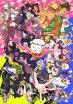  2girls 6+boys abra annotated anpanman atashin'chi black_hair black_kimono black_shoes bleach blue_background bonobono bow braid brock_(pokemon) brown_hair character_request child chinese_clothes closed_eyes closed_mouth code_geass colored_skin commentary_request copyright_request creature crossover curtained_hair dragon_ball dragon_ball_z dress english_commentary facing_viewer fat_buu foreshortening fuji_syusuke gesture_request geto_suguru glasses gloves green_vest grey_hair hair_bow hair_bun hakutaku_(hoozuki_no_reitetsu) hand_up hands_up hat headscarf highres hoozuki_no_reitetsu i-pin ichimaru_gin iyami jacket japanese_clothes jujutsu_kaisen kaonashi katana katekyo_hitman_reborn! kekkai_sensen kimono kinnikuman kneehighs koenma konno_mitsune leonardo_watch long_hair love_hina majin_buu meitantei_conan mixed-language_commentary mob_psycho_100 multiple_boys multiple_crossover multiple_girls necktie nunnally_vi_britannia ohyou_wake okiya_subaru open_mouth orange_jacket orange_pants orange_shirt osomatsu-san osomatsu_(series) pacifier pants parted_lips patalliro! patalliro_du_malyner_viii pink_background pink_skin pokemon pokemon_(anime) pokemon_(classic_anime) pokemon_(creature) purple_hat ramen_tenshi ramenman red_dress red_socks sen_to_chihiro_no_kamikakushi shimacchau_ojisan shimazaki_ryo shirt shoes short_hair single_braid smile snorlax socks sword tachibana_yuzuhiko tennis_no_ouji-sama trait_connection very_long_hair very_short_hair vest weapon white_hair white_shirt yellow_background yellow_gloves yu_yu_hakusho 