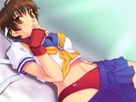  blue_sailor_collar brown_hair buruma gloves headband kasugano_sakura midriff sailor_collar school_uniform serafuku short_hair skirt solo street_fighter thighs yoko_juusuke 