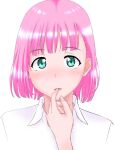  1girl aqua_eyes bob_cut collared_shirt commentary_request finger_in_own_mouth highres kusatsu_terunyo light_blush original parted_lips pink_hair pink_lips polo_shirt portrait shirt short_hair solo white_shirt 