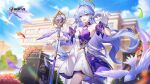  1girl absurdres bare_shoulders bird blue_hair blue_sky cloud commentary day detached_sleeves dress earrings english_commentary face_jewel floating_hair flower gloves halo head_wings highres holding holding_microphone_stand honkai:_star_rail honkai_(series) jewelry long_hair looking_at_viewer microphone_stand official_art open_mouth outdoors purple_dress robin_(honkai:_star_rail) short_sleeves sky smile solo standing strapless strapless_dress two-tone_dress very_long_hair white_dress white_gloves wings 