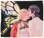 1boy 1girl bare_shoulders black_background border butterfly_wings cape closed_eyes closed_mouth collarbone commentary_request dress eyes_visible_through_hair hair_over_one_eye hara_hikaru insect_wings jack_jeanne jacket oh_rama_havenna! profile red_cape short_hair simple_background single_wing sleeveless sleeveless_dress tachibana_kisa upper_body white_border white_dress white_jacket wings yellow_eyes yonaga_soshiro 
