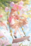  1girl a-soul ahoge balloon blue_eyes bow bowtie brown_hair diana_(a-soul) hair_bow hair_ornament heart_balloon highres holding holding_rope jacket long_hair looking_at_viewer low-tied_sidelocks on_swing open_mouth pink_bow pink_bowtie pink_sleeves rope sailor_collar sailor_shirt shirt shorts sidelocks skirt smile solo swing white_jacket yellow_skirt 