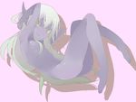  armpits ass barefoot earrings feet flat_chest horns jewelry long_hair monster_girl nude original pointy_ears purple_skin smile solo ume_(datsuryokugen) very_long_hair white_hair yellow_eyes 