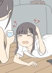  >_< 2girls arm_up bare_arms bare_shoulders black_panties blush breasts camisole closed_eyes collared_shirt commentary_request couch cup dress_shirt drinking_glass grey_camisole hand_on_own_head headache holding holding_cup juukyuu kaho_(juukyuu) lightning_bolt_symbol medium_breasts multiple_girls naked_shirt on_floor open_mouth original panties pillow shiho_(juukyuu) shirt short_sleeves siblings sisters underwear unworn_panties water wavy_mouth white_shirt wooden_floor 