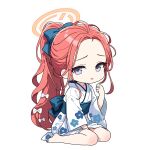  1girl ahoge alternate_costume barefoot blue_archive blue_eyes bow chibi chibi_only commentary_request forehead full_body hair_bow halo highres japanese_clothes kimono long_hair obi orange_halo partial_commentary ponytail rectangular_halo red_hair sash seiza sitting solo white_background white_bow wide_sleeves yukata yunoki1 yuzu_(blue_archive) 