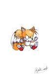  1boy absurdres animal_ears animal_nose artist_name black_eyes body_fur clenched_hands commentary english_commentary fox_boy fox_ears fox_tail full_body furry furry_male gloves highres jat0_art male_focus motion_blur multiple_tails orange_fur running shoes simple_background solo sonic_(series) tail tails_(sonic) teeth twitter_username two-tone_fur two_tails white_background white_gloves yellow_fur 