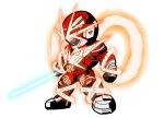  1boy armor armored_bodysuit black_bodysuit blue_lightsaber bodysuit character_mask chibi chou_uchuu_keiji_gavan_infinity combat_helmet commentary_request energy_blade energy_sword full_armor gavan_infinity gavan_infinity_r.e.d. glowing glowing_eyes helmet highres holding holding_beam_saber holding_sword holding_weapon lightsaber male_focus mask masudamu1 multicolored_armor multicolored_bodysuit red_armor red_bodysuit red_eyes red_helmet science_fiction silver_armor sword tokusatsu two-tone_armor weapon 