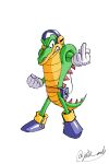  1boy absurdres black_eyes clenched_hand clenched_teeth colored_skin commentary crocodilian dinosaur full_body furry furry_male gloves green_skin headphones highres jat0_art looking_at_viewer male_focus middle_finger parody sharp_teeth simple_background solo sonic_(series) standing style_parody tail teeth twitter_username vector_the_crocodile white_background white_gloves 