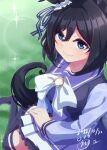  1girl absurdres animal_ears black_hair blue_eyes blush bob_cut bow bowtie breasts closed_mouth commentary_request ear_ribbon ear_scrunchie eishin_flash_(umamusume) hair_between_eyes highres horse_ears horse_girl horse_tail large_breasts looking_at_viewer mashiroken07 pleated_skirt purple_sailor_collar purple_serafuku purple_shirt purple_skirt purple_thighhighs sailor_collar sailor_shirt school_uniform scrunchie serafuku shirt short_hair sitting skirt smile solo swept_bangs tail thighhighs tracen_school_uniform umamusume white_bow white_bowtie white_scrunchie yokozuwari 