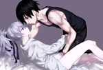  1girl arm_support black_eyes black_hair bottomless boy_on_top couple darker_than_black eye_contact fingering hair_ribbon hei hetero kawakami_rokkaku legs looking_at_another mutual_masturbation ponytail profile purple_eyes ribbon shirt silver_hair tank_top yin 