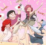  1boy 3girls alcohol barefoot beer_can bocchi_the_rock! bottle braid broom can choko_(cup) closed_eyes commentary_request crossover cup drink_can drinking dual_wielding gradient_background hand_fan hiroi_kikuri holding holding_bottle holding_fan holding_plectrum ichinose_hanae illustratorhide jacket maison_ikkoku multiple_girls pink_shirt plectrum red_hair roppongi_akemi shirt sitting trait_connection yotsuya_(maison_ikkoku) 