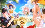  6+girls absurdres alternate_costume astra_yao bangboo_(zenless_zone_zero) beach belle_(zenless_zone_zero) bikini black_bikini black_hair black_jacket blonde_hair blue_bikini blue_hair blue_sky blush braid breasts closed_mouth colored_inner_hair comiket_107 commentary_request day denim denim_shorts ellen_joe eous_(zenless_zone_zero) evelyn_chevalier eyewear_on_head fins fish_tail food fruit green_eyes hairband hand_in_pocket hat highres holding holding_food holding_ice_cream_cone ice_cream_cone jacket large_breasts looking_at_viewer medium_breasts multicolored_hair multiple_girls navel nicole_demara ocean off_shoulder one_eye_closed open_clothes open_fly open_mouth open_shorts outdoors parted_lips pink_hair pink_hairband purple_eyes purple_hair red_bikini red_eyes red_hair revision sarong see-through_clothes see-through_sarong shark_girl shark_tail shirt short_hair short_shorts shorts sitting sky smile stomach straw_hat swimsuit tail twintails umbrella vivian_banshee watermelon watermelon_slice white_bikini white_shirt zenless_zone_zero zuco 