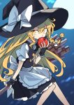  1girl apple apron back_bow black_gloves black_hat black_skirt black_vest blonde_hair bow braid broom broom_riding commentary_request e.o. eating fingerless_gloves food frilled_skirt frills fruit full_moon gloves hair_between_eyes hair_bow hat hat_bow highres holding holding_food holding_fruit kirisame_marisa long_hair looking_at_viewer moon night revision side_braid single_braid skirt solo touhou very_long_hair vest waist_apron white_apron white_bow witch_hat yellow_eyes 