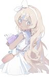  1girl absurdres bag blonde_hair commentary_request dark-skinned_female dark_skin ditto dress from_behind hairband highres holding holding_pokemon korean_commentary light_blush long_hair looking_at_viewer multicolored_eyes navi_(pokemon) oo_ttdtrw parted_lips pokemon pokemon_(anime) pokemon_(creature) pokemon_horizons sailor_collar shoulder_bag sleeveless sleeveless_dress white_background white_dress 