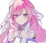  1girl bare_shoulders breasts commentary_request corset diamond-shaped_pupils diamond_(shape) elysia_(herrscher_of_human:_ego)_(honkai_impact) elysia_(honkai_impact) h2o_omizu honkai_(series) honkai_impact_3rd large_breasts long_hair looking_at_viewer multicolored_hair pink_hair purple_eyes simple_background smile solo symbol-shaped_pupils triquetra two-tone_hair upper_body veil very_long_hair white_background white_corset white_hair white_veil 
