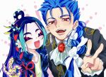  2boys absurdres alternate_costume ascot blue_hair blue_jacket blush braid braided_ponytail brooch closed_eyes commentary_request cu_chulainn_(caster)_(fate) cu_chulainn_(celebratory_attire)_(fate) cu_chulainn_(fate) earrings fate/grand_order fate_(series) green_hair hair_ornament hair_ribbon highres jacket jewelry long_hair long_sleeves looking_at_viewer makeup male_focus multicolored_hair multiple_boys nao_oppaisukiii open_mouth partial_commentary plaid_clothes plaid_shirt ponytail red_eyes ribbon ring shirt simple_background single_braid smile taisui_xingjun_(fate) taisui_xingjun_(over_the_same_sky)_(fate) teeth upper_body v white_background 
