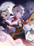  1boy bat_(animal) beret book cape cat child chinese_commentary commentary_request emoding_(roco_kingdom:_world) enzo_(roco_kingdom:_world) fingerless_gloves full_moon gloves grey_hair hat highres holding looking_at_viewer male_focus moon night open_book pointy_ears purple_eyes roco_kingdom roco_kingdom:_world short_hair smile wanqiang_shilaimu white_hair 