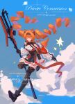  1girl absurdres angelina_(arknights) angelina_the_mellow_wish_(arknights) animal_ear_fluff animal_ears arknights black_collar black_gloves black_hairband black_thighhighs brown_hair chinese_commentary closed_eyes cloud collar commentary_request commission detached_sleeves dress facing_viewer feizao_feizao_yueliang floating_hair fox_ears fox_girl full_body gloves hair_between_eyes hairband highres holding holding_staff infection_monitor_(arknights) long_hair long_sleeves midair sky solo staff standing standing_on_one_leg star_(symbol) thighhighs twintails very_long_hair white_dress 