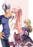  1boy 2girls alphen_(tales) blonde_hair closed_mouth commentary_request dress elize_lutus hanasakuraya highres in-franchise_crossover long_hair multiple_girls pink_hair ponytail shionne_(tales) smile tales_of_(series) tales_of_arise tales_of_xillia teepo_(tales) very_long_hair watermark 