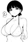  1girl arms_behind_back bikini blunt_bangs breasts cleavage commentary_request covered_nipples frown greyscale highres interlocked_fingers kusunose_an large_breasts monochrome original short_hair solo souryu stretching swimsuit underboob 