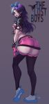  absurdres artist_name ass bandaid bandaid_on_face blood blood_on_face breasts commentary dated earrings elsevilla english_commentary english_text from_behind gloves grey_background highres jewelry long_hair looking_at_viewer looking_back original parted_lips purple_hair simple_background small_breasts teeth thighhighs upper_teeth_only 