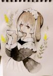 1girl absurdres animal_ears animal_hands apron black_dress brown_hair closed_mouth collared_dress commentary_request contrast_collar cup dress floppy_ears flower frilled_apron frills highres holding holding_cup leaf long_sleeves looking_at_viewer lop_rabbit_ears maid maid_apron maid_headdress original painting_(medium) photo_(medium) plant rabbit_ears rabbit_girl round_collar sakutake_(ue3sayu) short_hair teacup traditional_media upper_body watercolor_(medium) white_apron yellow_flower 