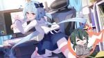  1boy 1girl absurdres blue_bow blue_hair blue_skirt book bookshelf bow chair chinese_commentary closed_eyes commentary_request drawing_tablet flying_sweatdrops green_hair griseo hair_bow hamanashi_(trapiorra) hand_in_pocket highres honkai_(series) honkai_impact_3rd hood hood_down hoodie indoors kosma long_hair long_sleeves monitor nervous nervous_smile nervous_sweating on_chair open_mouth purple_hair second-party_source shirt sitting skirt smile sweat thighhighs twintails white_shirt white_thighhighs 