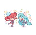  >_< +++ 2girls :3 :d ^_^ ball_hands birthday black_boots black_shirt black_skirt black_sleeves blue_hair blue_hat blue_necktie blush_stickers boots chibi chibi_only closed_eyes closed_mouth collared_shirt commentary confetti detached_sleeves double-parted_bangs drill_hair full_body grey_shirt hair_between_eyes hands_up hat hatsune_miku kasane_teto kasane_teto_(utau) leg_up long_hair long_sleeves louloous miniskirt multiple_girls necktie notice_lines open_mouth outstretched_arms party_hat party_horn pink_hat pleated_skirt polka_dot_headwear red_hair shirt short_hair simple_background skirt sleeveless sleeveless_shirt smile spread_arms standing standing_on_one_leg striped_clothes striped_headwear thigh_boots twin_drills twintails utau very_long_hair vocaloid white_background x3 zettai_ryouiki 