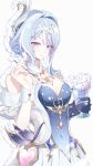  1girl :t absurdres blue_hair blue_leotard breasts cleavage closed_mouth collar commentary_request cowboy_shot detached_collar eating food food_on_face genshin_impact hair_bun hair_intakes highres holding holding_food holding_ice_cream holding_spoon ice_cream leotard medium_breasts odette_(genshin_impact) short_hair_with_long_locks sidelocks simple_background solo spoon white_background white_collar yakousei_ookami 