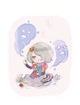  1boy closed_mouth commentary_request crossdressing crossdressing_(mtf) doll dress ghost hair_ornament hair_over_one_eye hara_hikaru holding_sewing_needle jack_jeanne male_focus mary_jane_(jack_jeanne) mole mole_under_mouth pincushion puffy_short_sleeves puffy_sleeves red_sleeves scissors sewing short_sleeves sitting smile solo spool takashina_sarafumi trap white_dress 