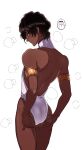  1boy absurdres adjusting_clothes adjusting_leotard arjuna_(fate) armlet back backless_leotard bishounen black_hair commentary cowboy_shot dark-skinned_male dark_skin fate/grand_order fate_(series) from_behind gold_armlet highres jewelry leotard looking_at_viewer looking_back male_focus standing tgktgkfgo toned toned_male untranslatable_commentary white_background white_leotard 