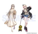  2girls ankle_socks bag banana_(girls'_frontline) belt black_groza_(girls'_frontline_2) black_jacket black_socks blonde_hair blue_shorts bow_hairband braid breasts cardigan clenched_hand commentary_request copyright_notice copyright_request crown_braid dress earrings girls'_frontline girls'_frontline_2:_exilium grey_hair hair_ornament hairband handbag high_heels holding holding_leash jacket jewelry leash long_hair m4_sopmod_ii_(girls'_frontline) multicolored_hair multiple_girls necklace official_art open_cardigan open_clothes open_jacket ots-14_(girls'_frontline) outstretched_arm promotional_art re_(re_09) red_eyes red_streaks ro635_(girls'_frontline) robella_(girls'_frontline_2) sample_watermark shorts smile socks soppo_(girls'_frontline_2) streaked_hair stuffed_toy sweater two-tone_hair watermark white_background white_dress yellow_eyes 