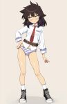  1girl averting_eyes belt black_shoes blush brown_belt brown_hair closed_mouth contrapposto hand_on_own_hip haruka_naru_enkei_sekai highres inui_koi jitome long_sleeves medium_hair messy_hair necktie no_pants onimushi_hyogo panties red_necktie shirt shoes simple_background sneakers socks solo standing striped_clothes striped_panties sweat tie_clip underwear white_shirt white_socks yellow_eyes 