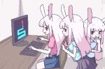 3girls animal_ears at_computer behind_another bilingual_commentary black_shorts black_skirt blue_shirt blue_skirt blunt_bangs blush chair chibikki closed_mouth commentary computer_keyboard computer_mouse english_commentary holding holding_computer_mouse impending_doom indoors long_hair looking_at_another looking_at_screen mixed-language_commentary monitor moon_rabbit multiple_girls on_chair open_mouth original parted_bangs pink_shirt playing_games prank rabbit_ears rabbit_girl red_eyes scary_maze_game shirt short_sleeves shorts sitting skirt smile very_long_hair white_hair 