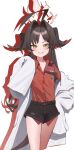  1girl ahoge bare_legs black_shorts blue_archive brown_hair coat commentary_request cowboy_shot grin hair_intakes halo highres horns huuu_ulul18 kasumi_(blue_archive) long_hair red_halo red_shirt shirt shorts simple_background smile solo standing straight-on tail white_background white_coat yellow_eyes 