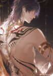  alternate_hair_length_(longer) armlet artist_name body_markings bone chinese_commentary closed_mouth commentary_request earrings fatdragon96 from_behind gold_armlet gold_collar highres jewelry looking_back love_and_deepspace male_focus medium_hair mole mole_on_nose mole_under_eye nose official_alternate_costume purple_eyes purple_hair rafayel_(god_of_the_tides)_(love_and_deepspace) rafayel_(love_and_deepspace) watermark weibo_watermark wolf_cut 