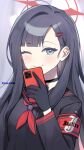  1girl absurdres armband black_choker black_gloves black_hair black_sailor_collar black_shirt blue_archive blush cellphone choker chunsick_lee commentary_request gloves grey_eyes hair_ornament hairclip halo highres holding holding_phone ichika_(blue_archive) korean_commentary long_hair long_sleeves neckerchief one_eye_closed phone red_armband red_halo red_neckerchief safety_pin sailor_collar school_uniform shirt smartphone smile solo unusually_open_eyes upper_body 
