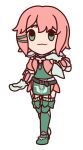  1girl alexandra_tamsanqa arm_up armor armored_boots belt boots breasts cape chibi circlet closed_mouth crimbocomboart crop_top eyelashes fire_emblem fire_emblem:_fortune's_weave full_body gloves green_eyes hand_up medium_hair outline pauldrons pink_hair short_hair shoulder_armor sideboob small_breasts solo thighs transparent_background white_cape white_gloves 