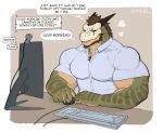 absurd_res ankou_(ankouno) anthro big_muscles biped clothed clothed_anthro clothed_male clothing collared_shirt crocodile crocodilian dialogue dragon dress_shirt electronics english_text fingers green_body hair hi_res horn male monitor muscular muscular_anthro muscular_male mythological_creature mythological_scalie mythology pupils reptile sabel_(artist) scales scalie shirt sitting solo speech_bubble teeth text topwear video_call yellow_eyes