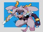 2023 accessory anthro antlers athletic athletic_anthro athletic_female black_clothing blue_eyes bottomless bottomless_anthro bottomless_female bovid breasts caliginous cape caprine clothed clothing crazy_eyes crotch_tuft digital_drawing_(artwork) digital_media_(artwork) dream_breaker_(pseudoregalia) eyelashes felid feline female female_anthro fingerless_gloves floppy_ears fur gem gloves goat gold_(metal) gold_jewelry grey_body grey_fur grey_hair hair hair_accessory hair_ring handwear hi_res holding_melee_weapon holding_object holding_weapon horn hybrid insane jackalope jewelry lagomorph leg_tuft leporid lop_ears mammal medium_breasts melee_weapon pseudoregalia rabbit shaded_face short_hair smile solo sybil_(pseudoregalia) tail thick_thighs thigh_tuft topwear tuft vest weapon white_clothing
