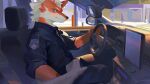  absurdres animal_ears car car_interior commentary driving english_commentary fox fox_boy fox_ears furry furry_male highres male_focus motor_vehicle n16_furry original police police_uniform steering_wheel 