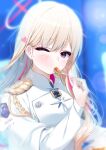  1girl absurdres aiguillette beret blonde_hair blonde_student_council_president_(blue_archive) blue_archive blurry blurry_background commentary_request curry eating epaulettes food halo hat heart highres holding holding_spoon long_hair looking_at_viewer medal military_uniform multicolored_hair multicolored_halo nironiro one_eye_closed pink_streaks purple_eyes red_halo shirt shoulder_strap single_epaulette solo spoon streaked_hair two-tone_hair two-tone_halo upper_body white_halo white_hat white_shirt 