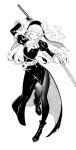  1girl absurdres belt belt_pouch black_dress boots closed_eyes closed_mouth coif commentary dress elf frze18 full_body greyscale highres holding holding_sheath holding_sword holding_weapon jewelry juliet_sleeves katana long_hair long_sleeves monochrome necklace nun nun_headdress original pantyhose pointy_ears pouch puffy_sleeves sheath side_slit simple_background solo sword veil weapon white_background 